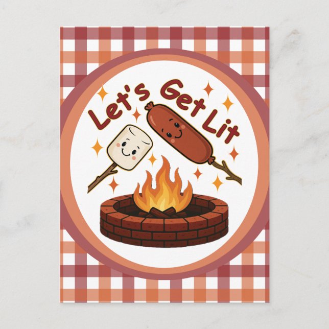 Let’s Get Lit Firepit – Cute Marshmallow & Hot Dog Postcard (Front)
