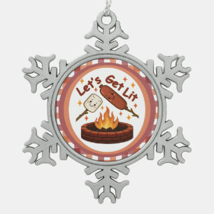Let’s Get Lit Firepit – Cute Marshmallow & Hot Dog Snowflake Pewter Christmas Ornament