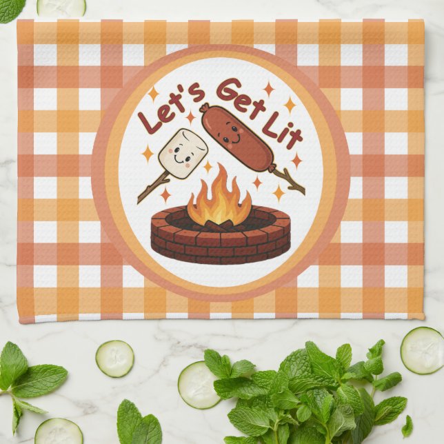 Let’s Get Lit Firepit – Cute Marshmallow & Hot Dog Tea Towel (Folded)