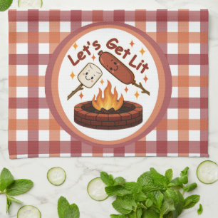 Let’s Get Lit Firepit – Cute Marshmallow & Hot Dog Tea Towel