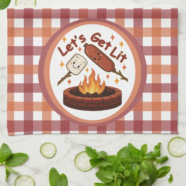Let’s Get Lit Firepit – Cute Marshmallow & Hot Dog Tea Towel (Folded)