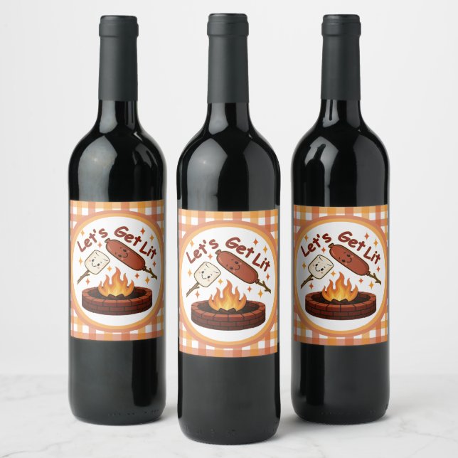 Let’s Get Lit Firepit – Cute Marshmallow & Hot Dog Wine Label (Bottles)