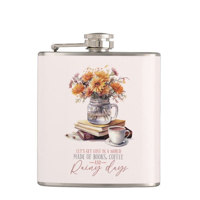 Let’s Get Lost – Books, Coffee & Rain Rustic Hip Flask (Front)