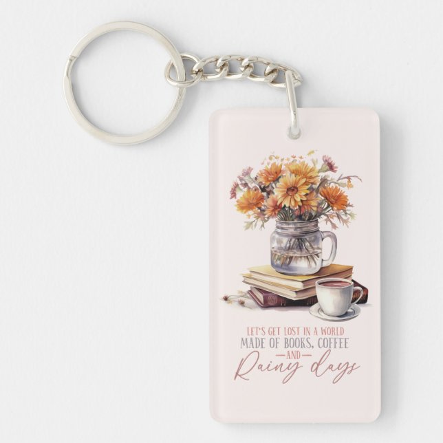 Let’s Get Lost – Books, Coffee & Rain Rustic Key Ring (Front)