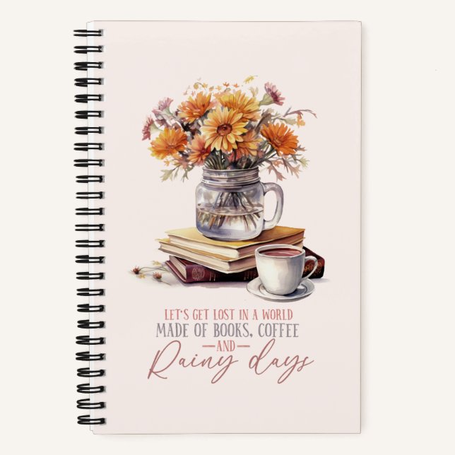 Let’s Get Lost – Books, Coffee & Rain Rustic Notebook (Front)
