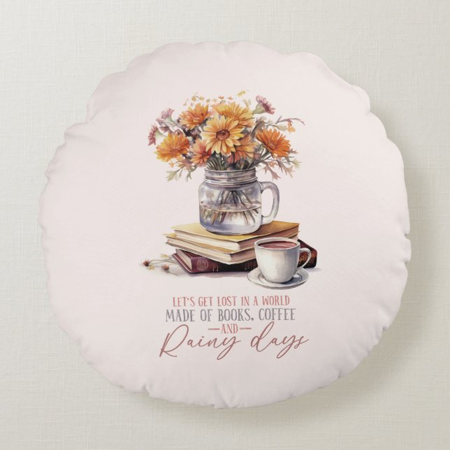 Let’s Get Lost – Books, Coffee & Rain Rustic Round Cushion (Front)