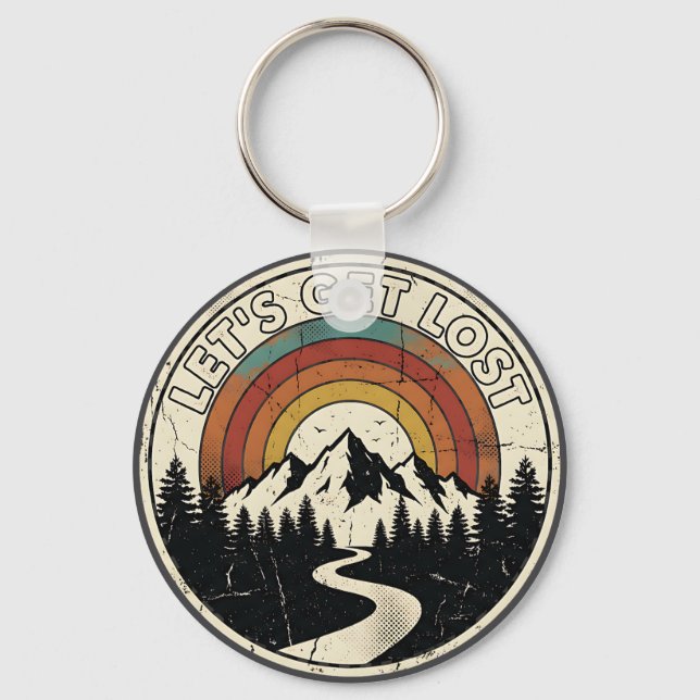Let’s Get Lost Retro Mountain Adventure Outdoor Key Ring (Front)