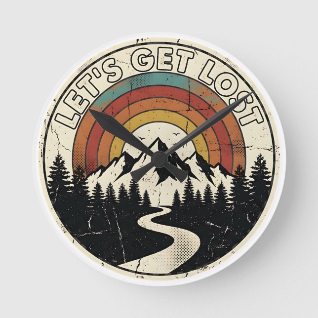 Let’s Get Lost Retro Mountain Adventure Outdoor Round Clock (Front)