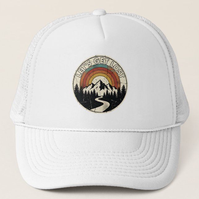 Let’s Get Lost Retro Mountain Adventure Outdoor Trucker Hat (Front)