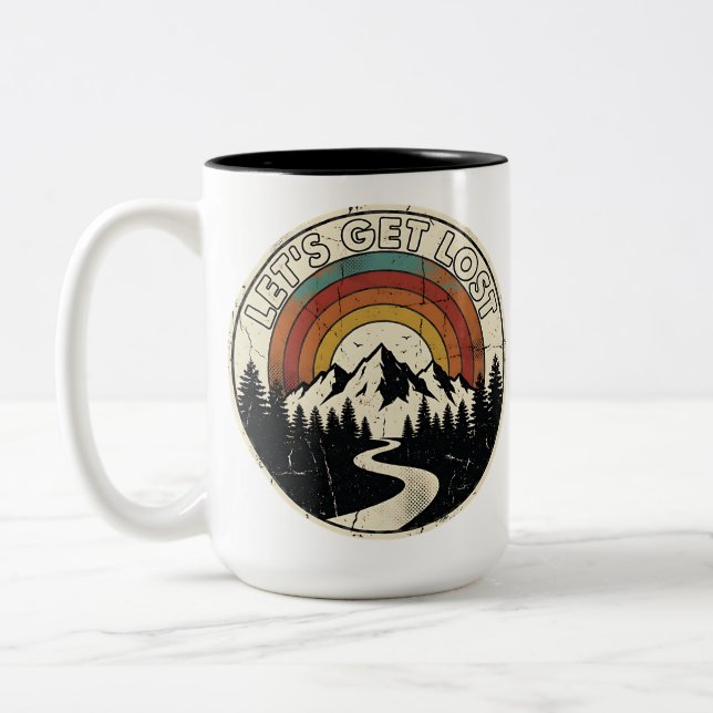 Let’s Get Lost Retro Mountain Adventure Outdoor Two-Tone Coffee Mug (Left)