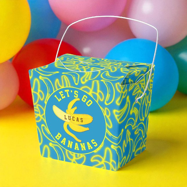 Let’s Go Bananas Party Favour Box (Bright ‘Let’s Go Bananas’ favor box with neon fruit pattern and custom name.)