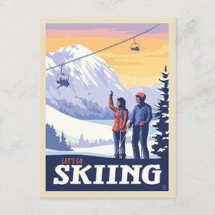 Let’s Go Skiing Vintage Print Postcard