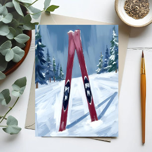 Let’s Go Skiing   Winter Skis Watercolor Painting Postcard