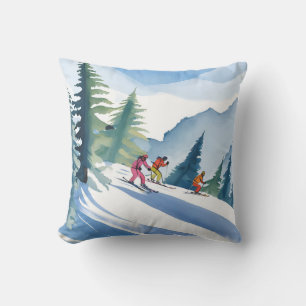 Let’s Go Skiing Winter Watercolor Painting Cushion