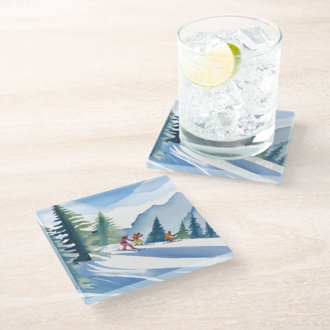 Let’s Go Skiing | Winter Watercolor Painting Glass Coaster (Angled)