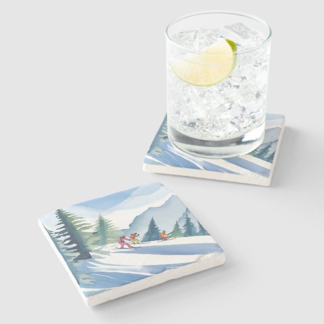Let’s Go Skiing | Winter Watercolor Painting Stone Coaster (Side)