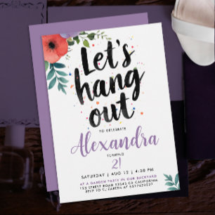 Let’s Hang Out Girly Purple Wildflower Garden Typo Invitation