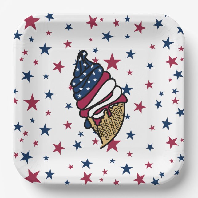 Let’s party! Red White Blue Ice Cream Paper Plate (Front)