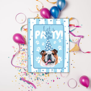 Let`s pawty bulldog illustration blue Birthday Thank You Card