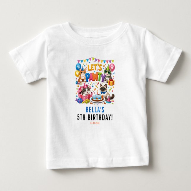 Let’s Pawty Cat 5th Birthday | Cute Kitty Birthday Baby T-Shirt (Front)