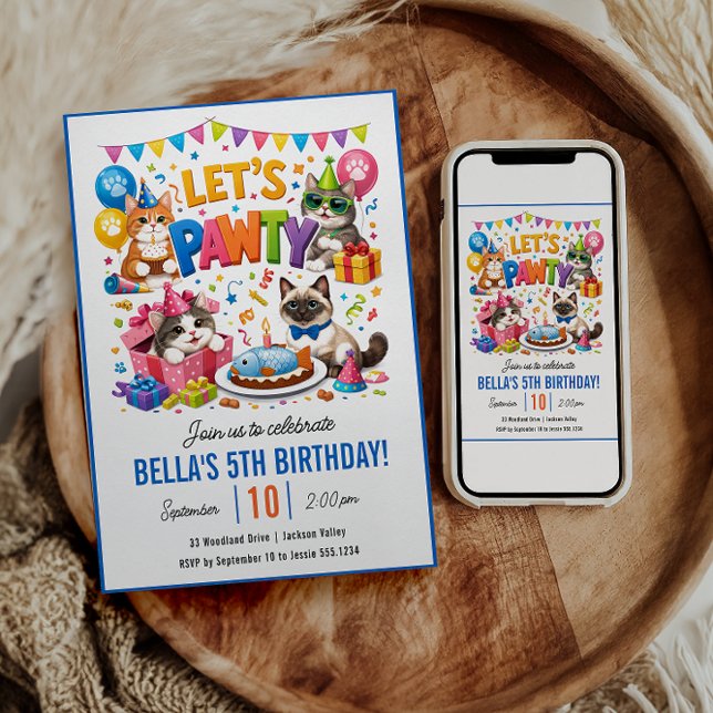 Let’s Pawty Cat 5th Birthday | Cute Kitty Birthday Invitation (Let’s Pawty Cat 5th Birthday | Cute Kitty Birthday Invitation
)