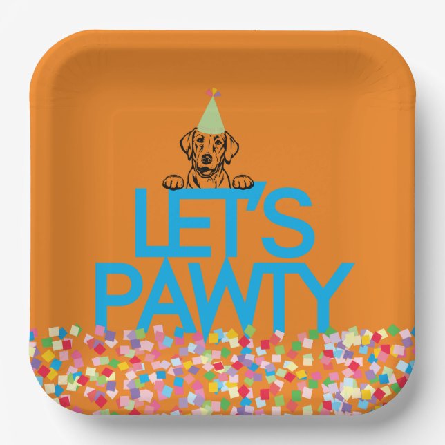 “Let’s PAWTY” Labrador Party Orange Paper Plate (Front)