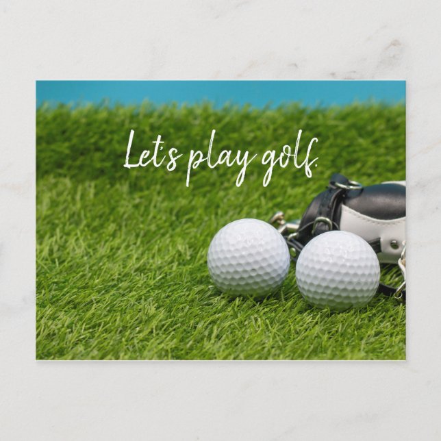 Let’s play golf with golf ball on green grass postcard (Front)