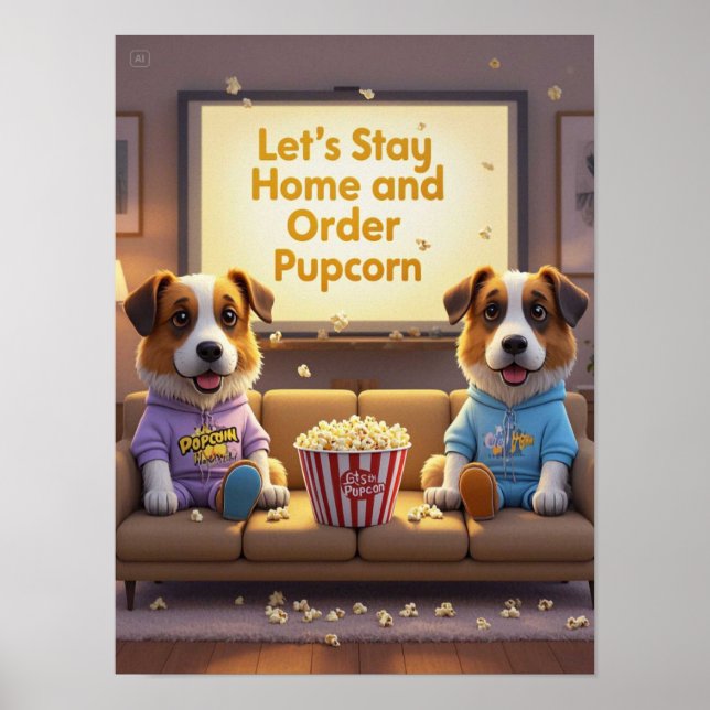 Let’s Stay Home and Order Pupcorn Cartoon dogs  Poster (Front)