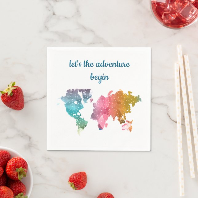 “Let’s the Adventure Begin” Colourful World Map Napkin (Insitu)