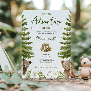 Let the Adventure Begin Bear Twin Baby Shower Invitation