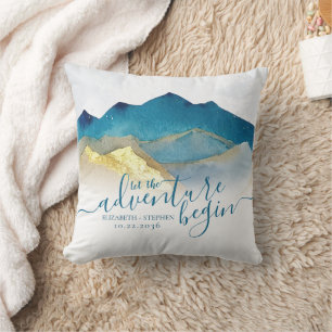 Let The Adventure Begin Blue Gold Mountain Wedding Cushion