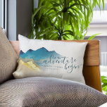 Let The Adventure Begin Blue Gold Mountain Wedding Lumbar Cushion<br><div class="desc">Let The Adventure Begin!
Wedding Shower Throw Pillow Templates - Blue Green and Faux Gold Foil Watercolor Mountains Landscapes Scenery.

These Designs Can Be Personalised For Your Special Occasion And Would Be Perfect For Your Wedding,  Bridal Shower,  Engagement Party,  Birthday Party And Many More Special Occasions.</div>