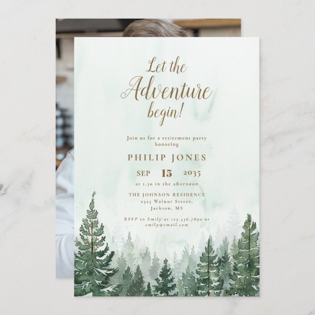 Let The Adventure Begin Forest Photo Retirement Invitation (Front/Back)