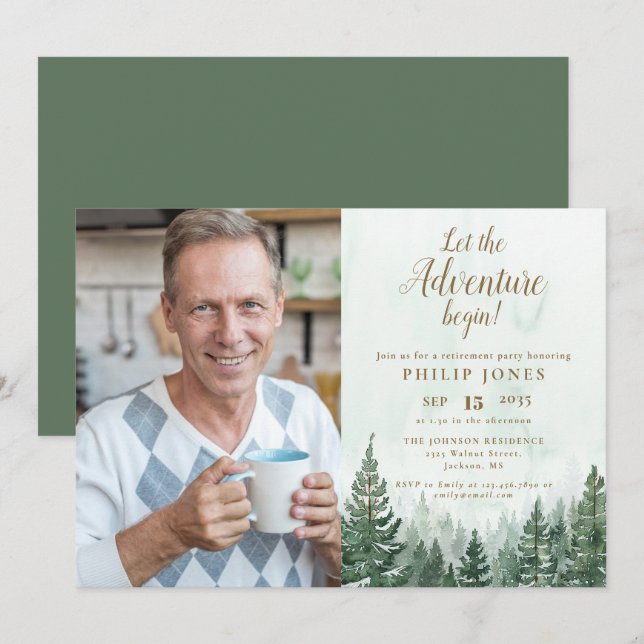 Let The Adventure Begin Forest Photo Retirement Invitation (Front/Back)