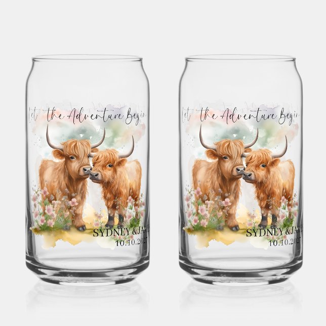 Let the adventure begin, highland cow can glass (Front)