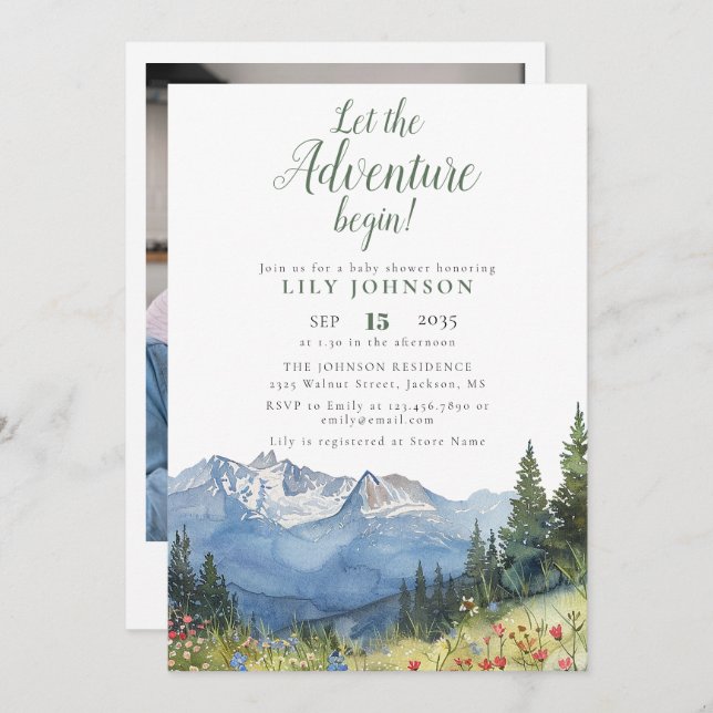 Let The Adventure Begin Mountain Baby Shower Photo Invitation (Front/Back)