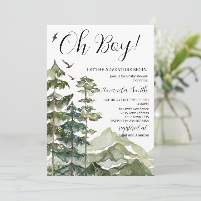Let The Adventure Begin Mountain Boy Baby Shower Invitation (Standing Front)