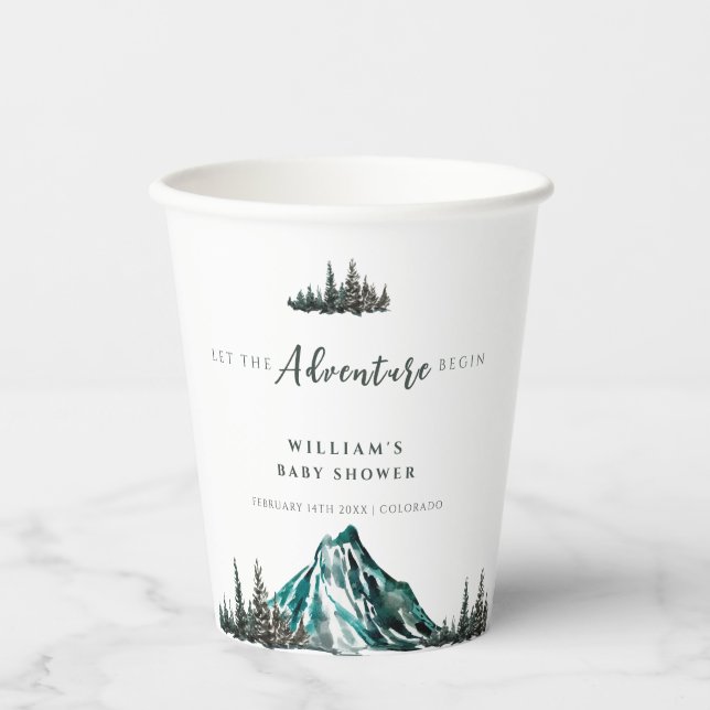 Let The Adventure Begin Mountain Pine Baby Shower Paper Cups (Front)