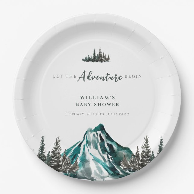 Let The Adventure Begin Mountain Pine Baby Shower Paper Plate (Front)