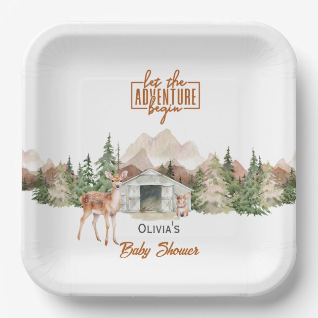 Let the Adventure Begin Mountain Rust Baby Shower Paper Plate (Front)