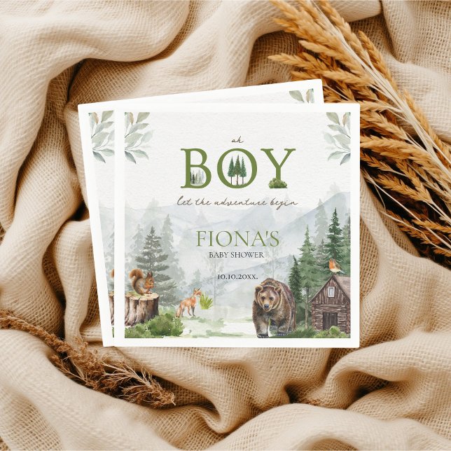 Let The Adventure Begin Mountains Boy Baby Shower Napkin (Let the adventure begin Pine Forest Woodland animals Oh Boy Baby Shower Custom Napkins)