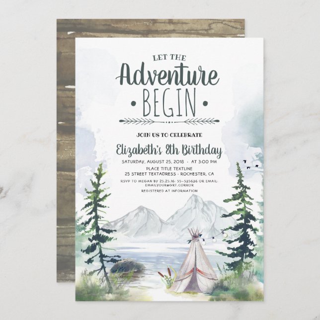 Let The Adventure Begin Mountains Camping Birthday Invitation (Front/Back)