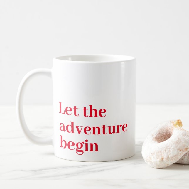 Let the adventure begin Red script Monogram Coffee Mug (With Donut)