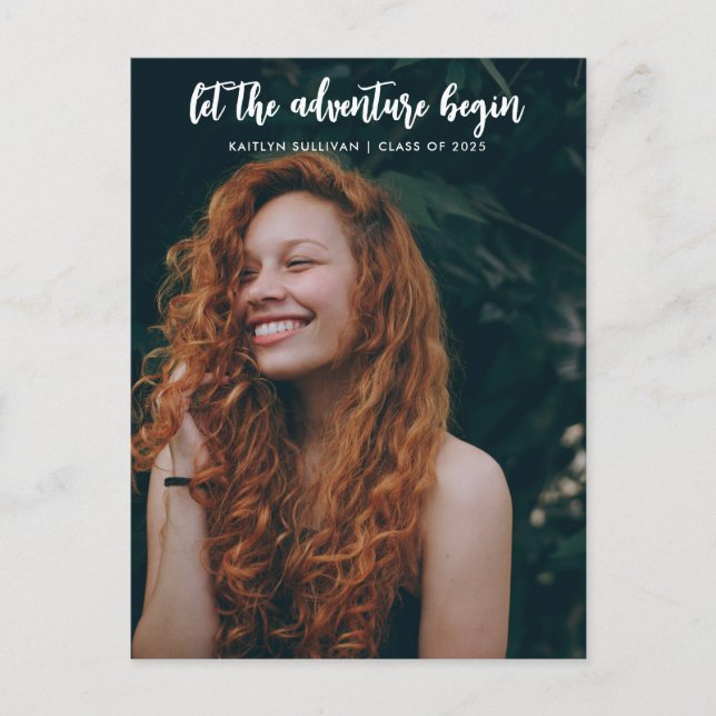 Let The Adventure Begin Script Modern | Graduate Announcement Postcard (Front)