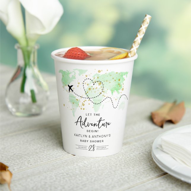 "Let The Adventure Begin!" Travel Map Baby Shower Paper Cups (Insitu)