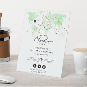 "Let The Adventure Begin!" Travel Map Baby Shower Pedestal Sign