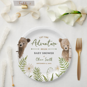 Let the Adventure Begin Twin Bear Baby Shower Paper Plate