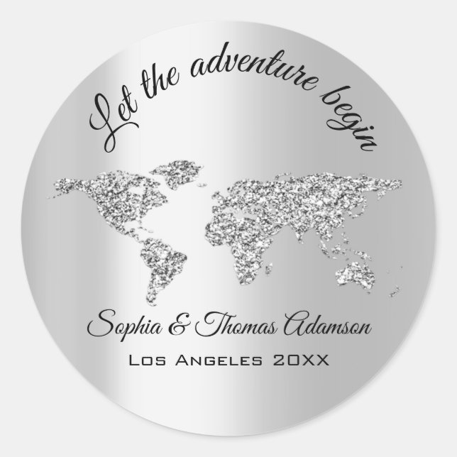 Let The Adventure Begin Wedding  World Globe Grey Classic Round Sticker (Front)