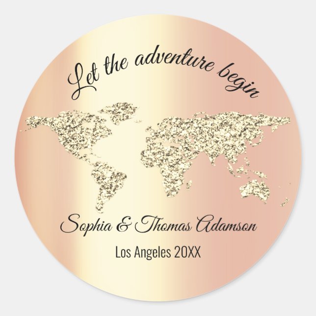 Let The Adventure Begin Wedding World Golden Globe Classic Round Sticker (Front)