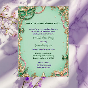 Let The Good Times Roll Mardi Gras Mask Beads Fun  Invitation
